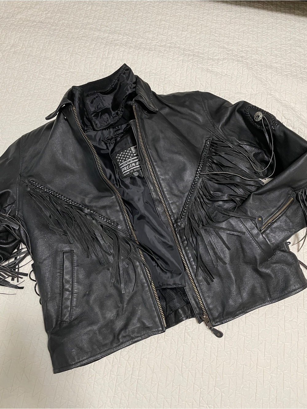 USA Bikers Dream Apparel Black Leather Fringe Biker Jacket